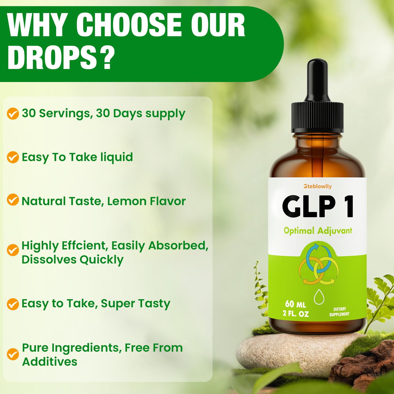 Steblowlly GLP-1 liquid drops on desk beside notebook and bottle