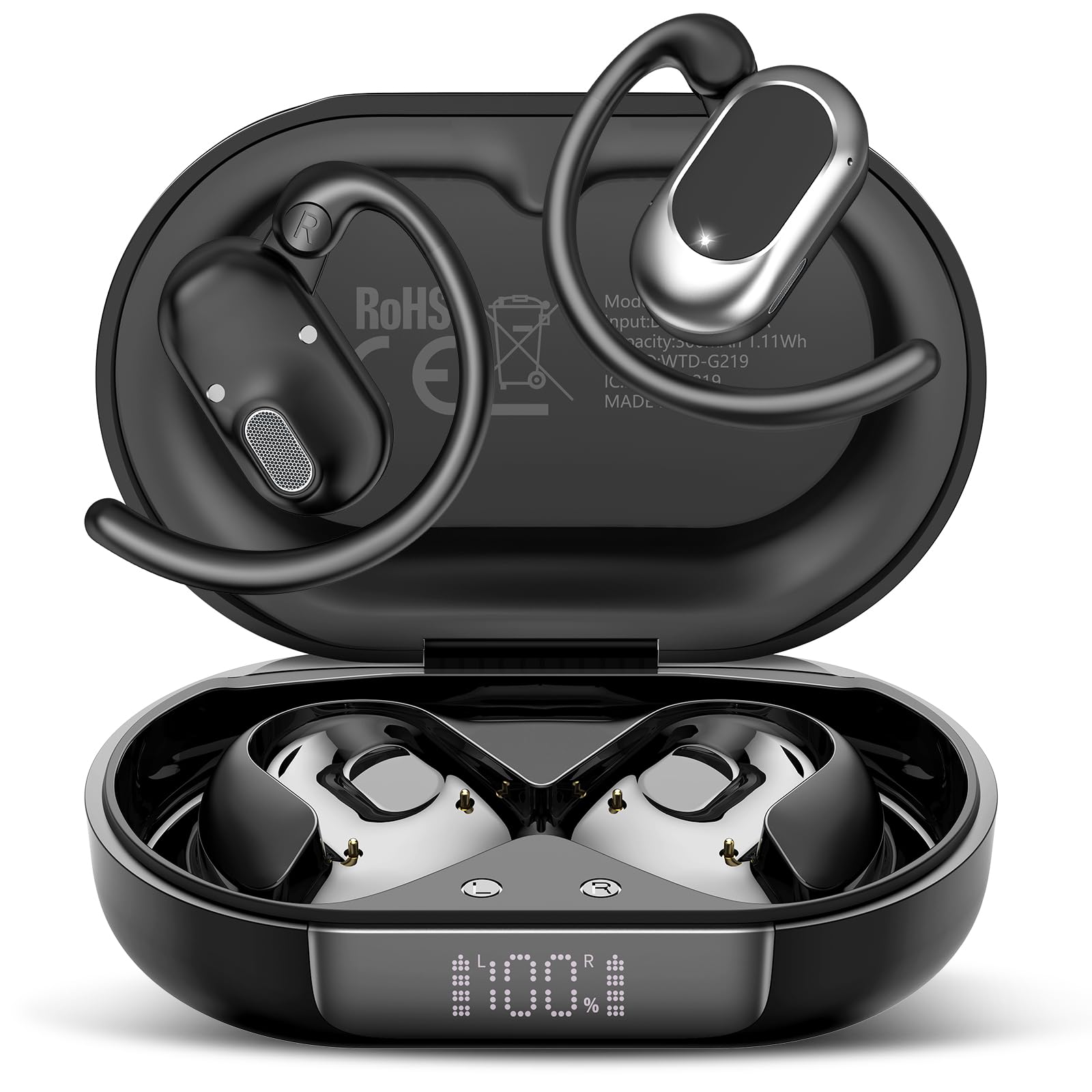 STECEi translation earbuds in charging case showing battery status for on-the-go translations.