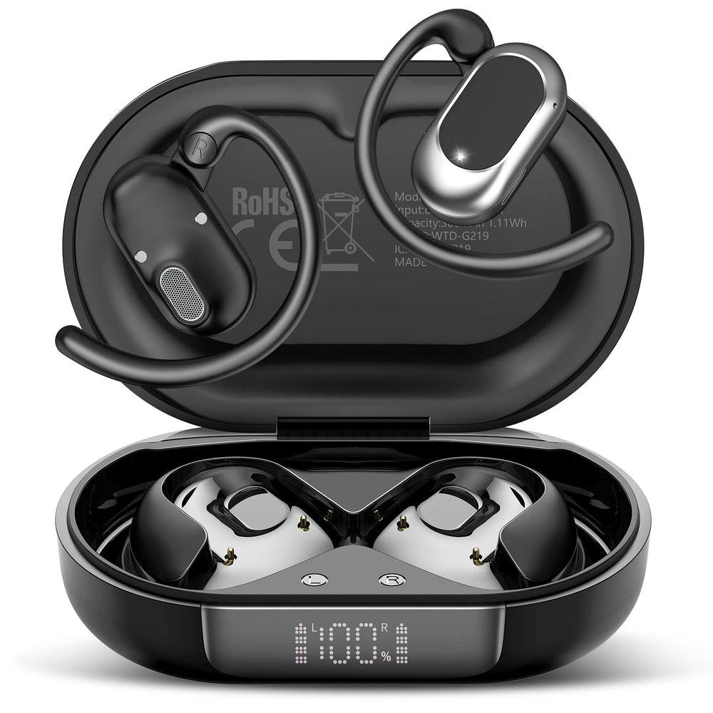 STECEi translation earbuds in charging case showing battery status for on-the-go translations.