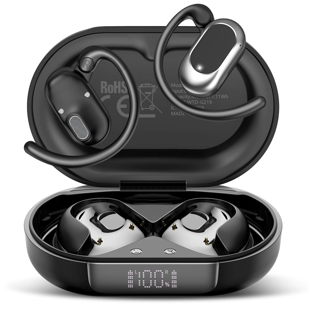STECEi translation earbuds in charging case showing battery status for on-the-go translations.
