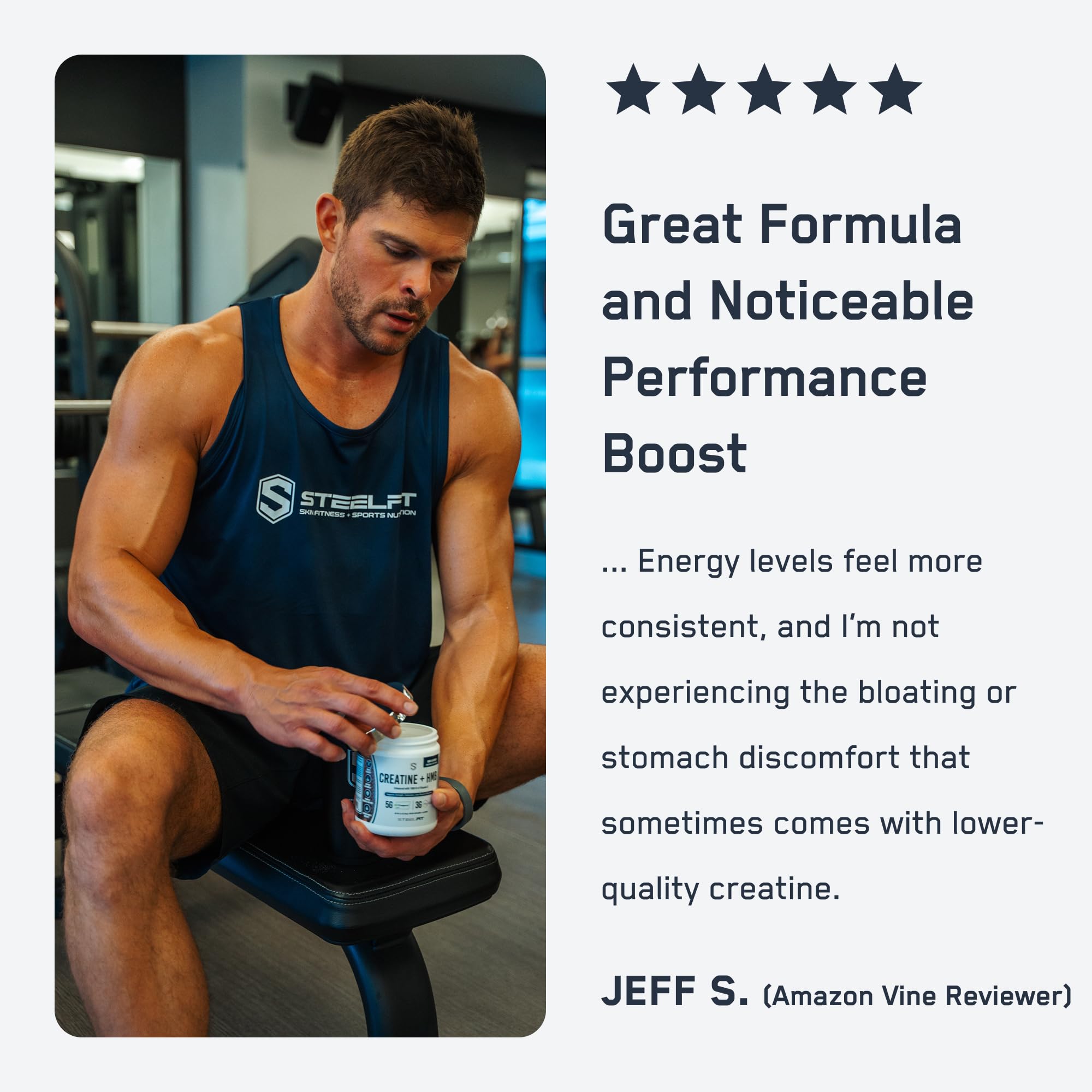 SteelFit Creatine HMB label detail showing product information.