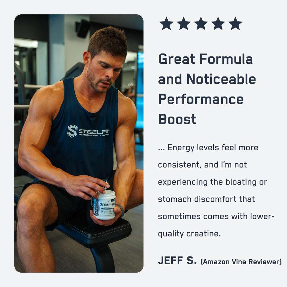 SteelFit Creatine HMB label detail showing product information.