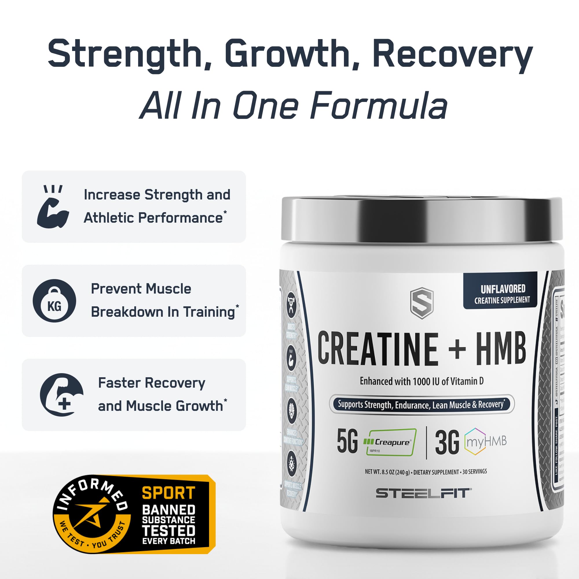 SteelFit Creatine HMB scoop with powder for easy daily dosing.