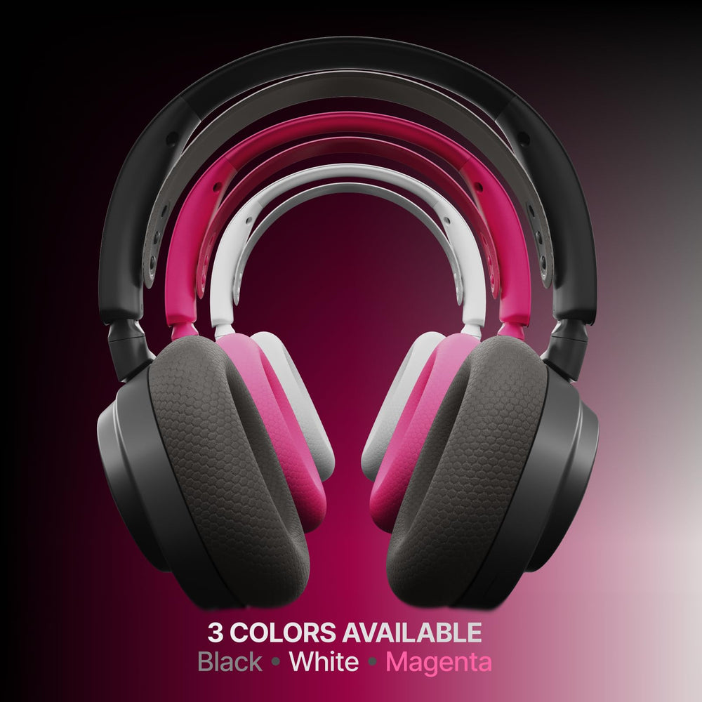 SteelSeries Arctis Nova 7X colorways in black, white, magenta.
