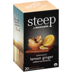 Bigelow Steep Organic Lemon Ginger Tea box for on-the-go flavor.