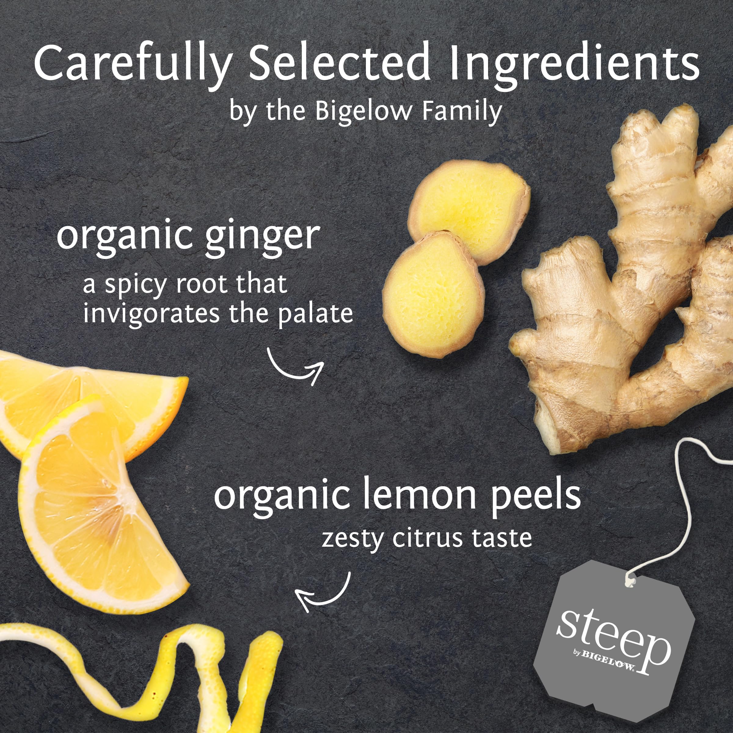 Steep by Bigelow lemon ginger foil pouches preserve freshness.