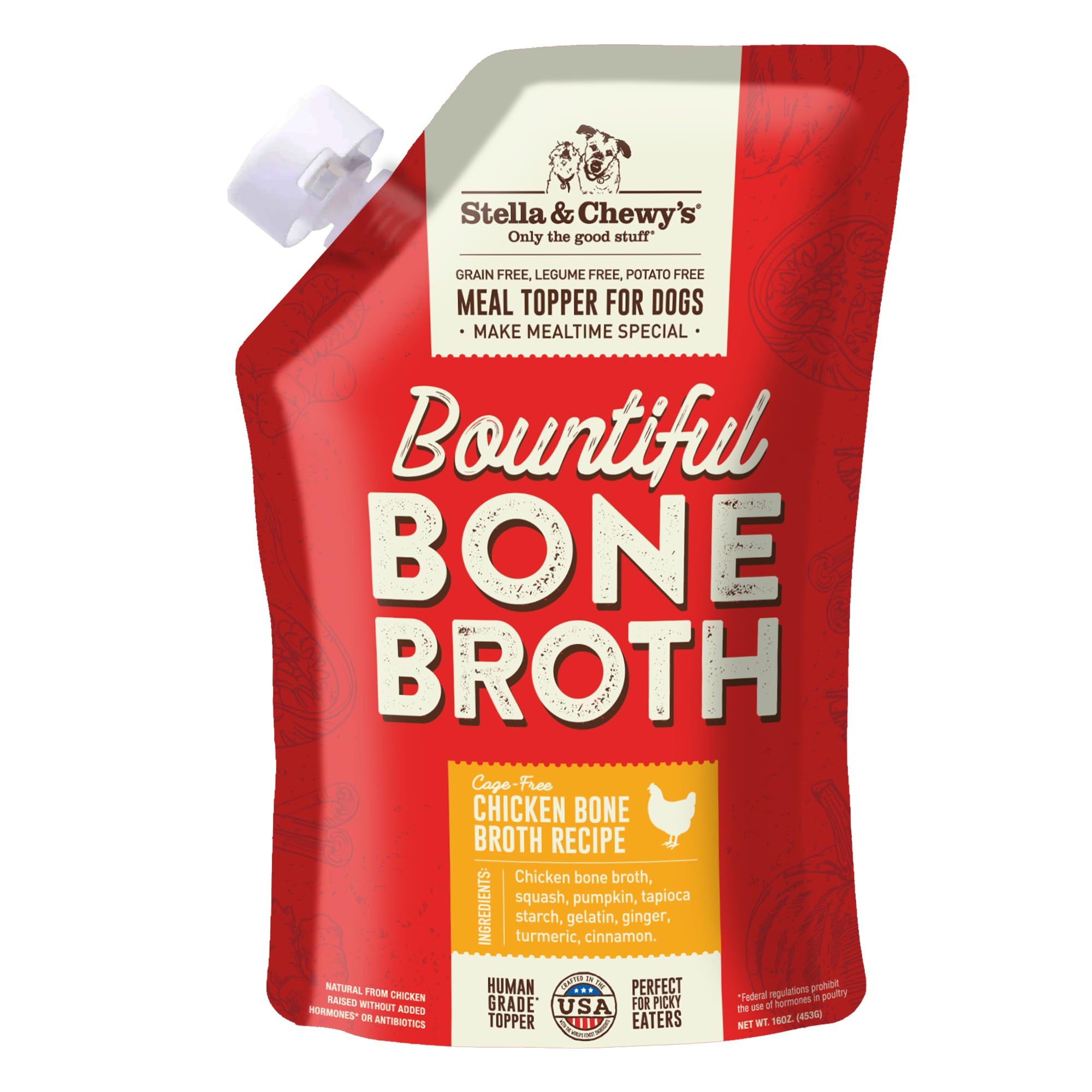 Stella & Chewy's bone broth pour enhances dog meals with hydration.