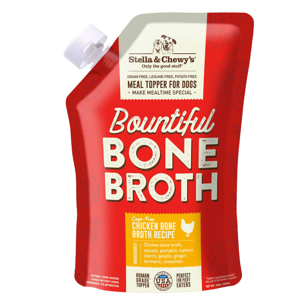 Stella & Chewy's bone broth pour enhances dog meals with hydration.