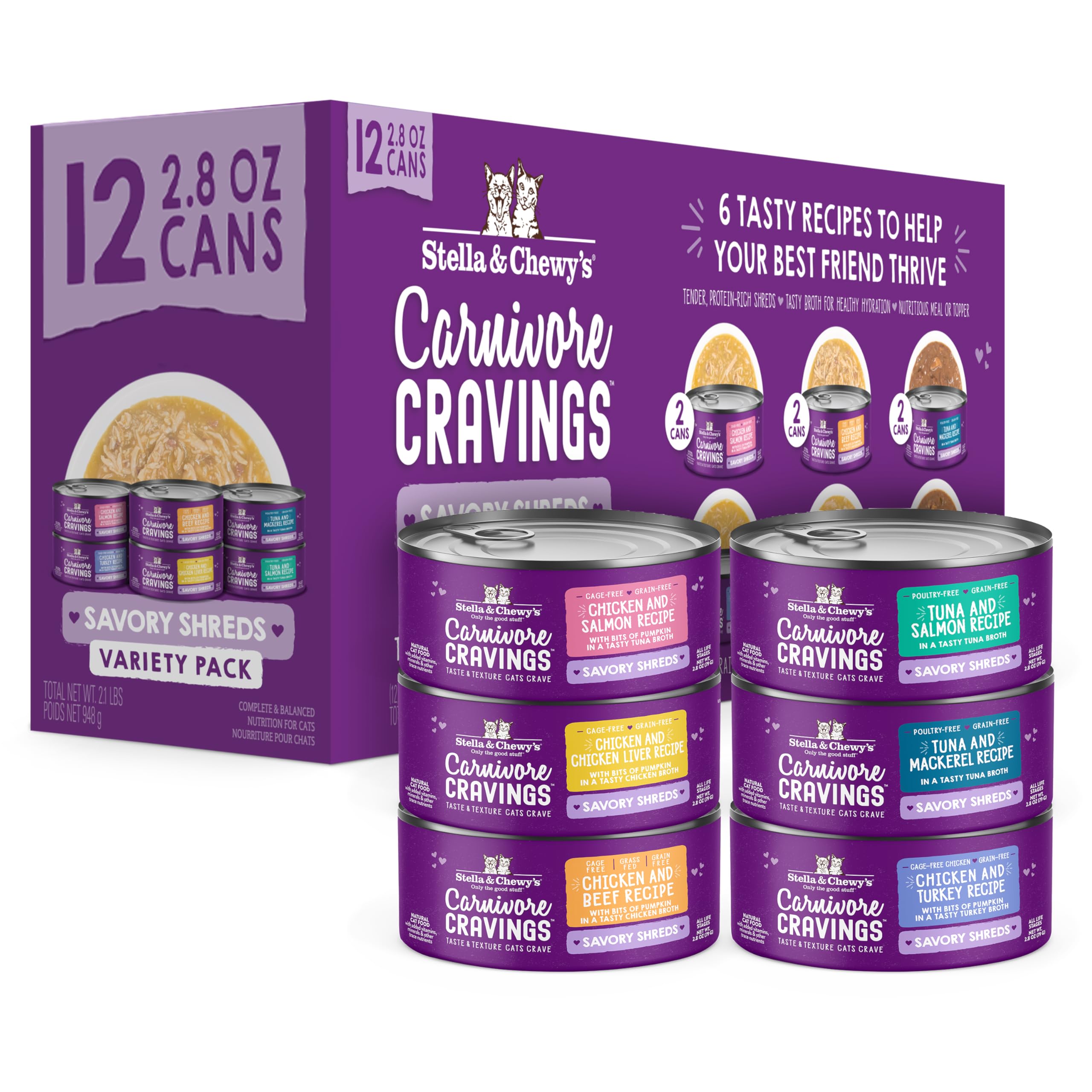 Stella & Chewy’s Carnivore Cravings Savory Shreds can pour broth for hydration and flavor.