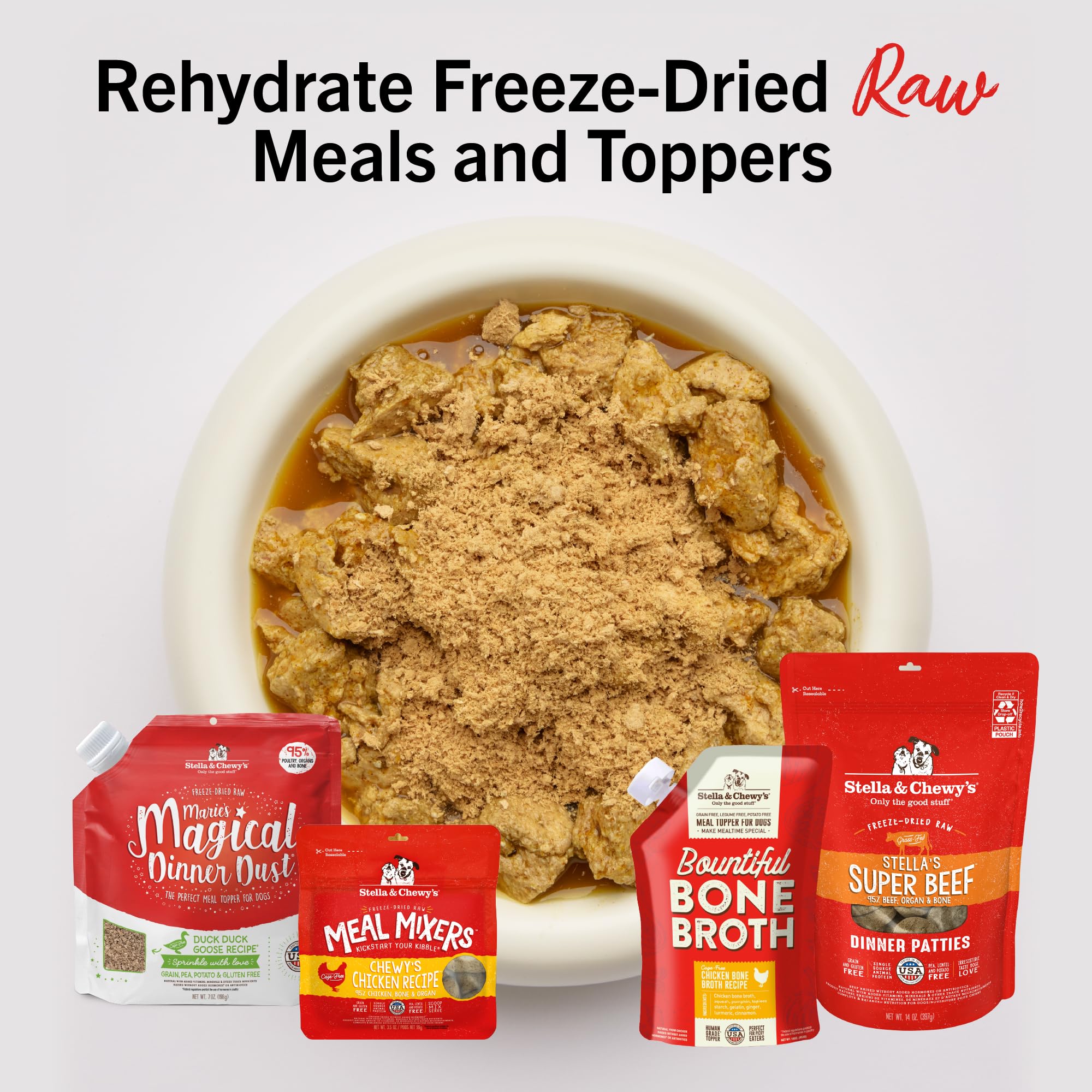 Stella & Chewy's ingredients list shows cage-free chicken and gluten-free formula.