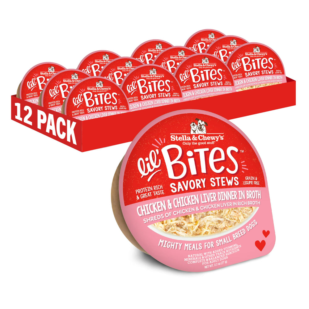 Stella & Chewy's Lil Bites Stews packaging for small breeds, convenient cups for quick meals.