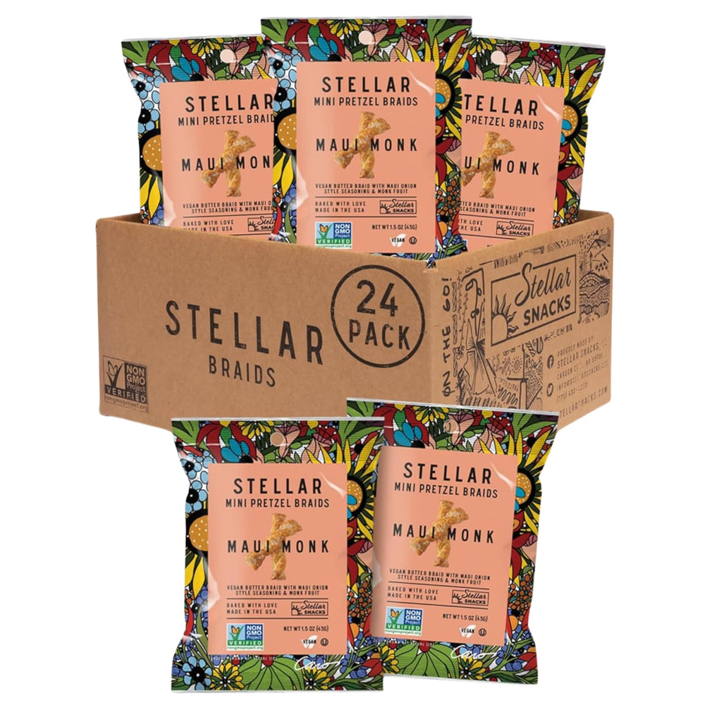 Stellar Snacks Maui Monk mini pretzel braids in a bag deliver crisp texture for on the go snacking.