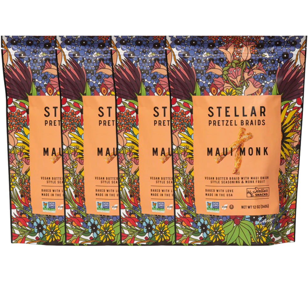 Stellar Snacks Maui Monk pretzel braids 4-pack packaging and resealable bag
