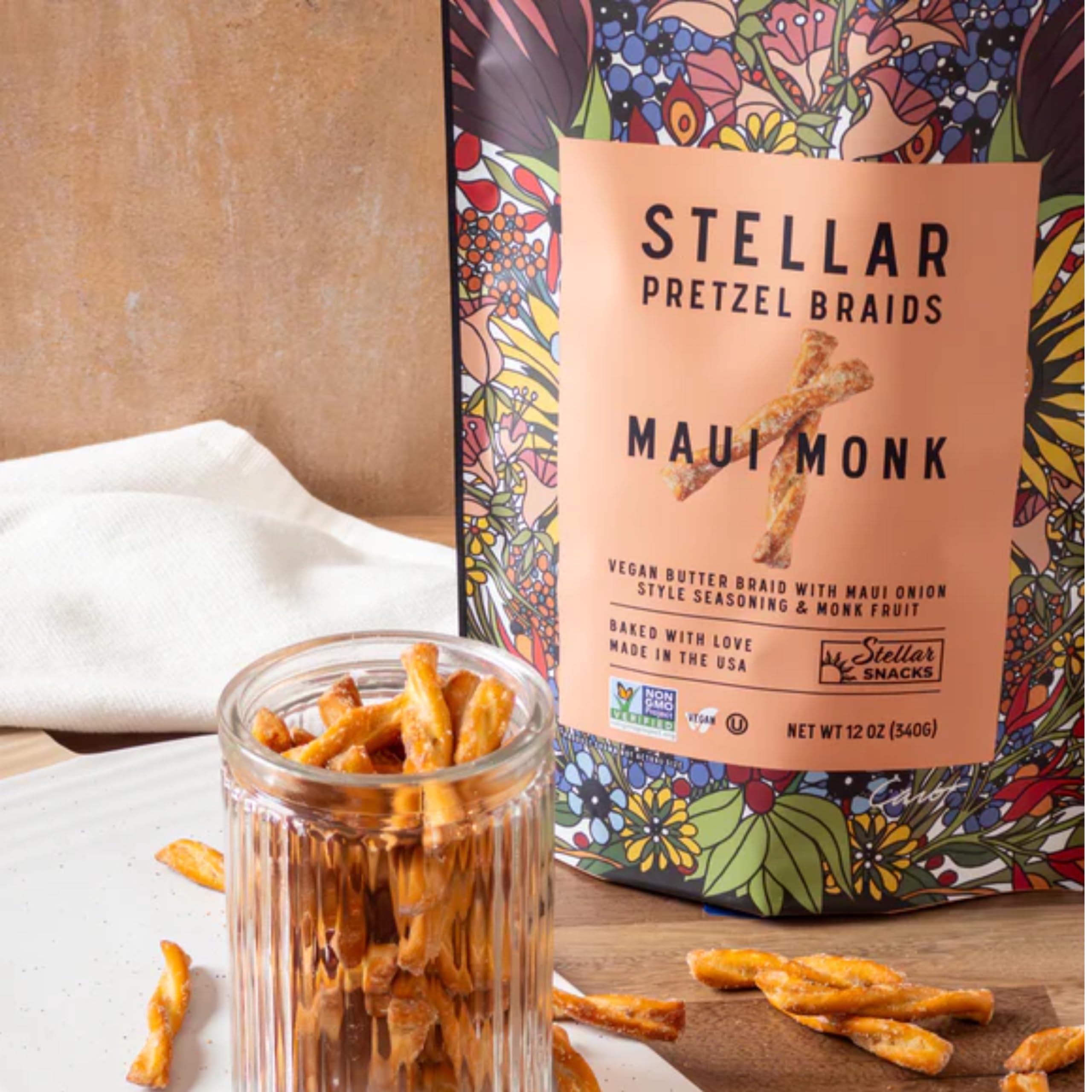 Vegan kosher non-GMO Stellar Snacks pretzels label