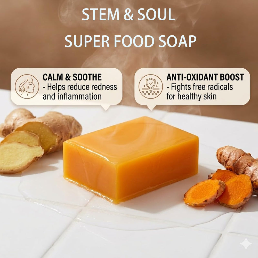 Stem and Soul turmeric lemon soap bar applied on skin for balanced cleansing of face and body