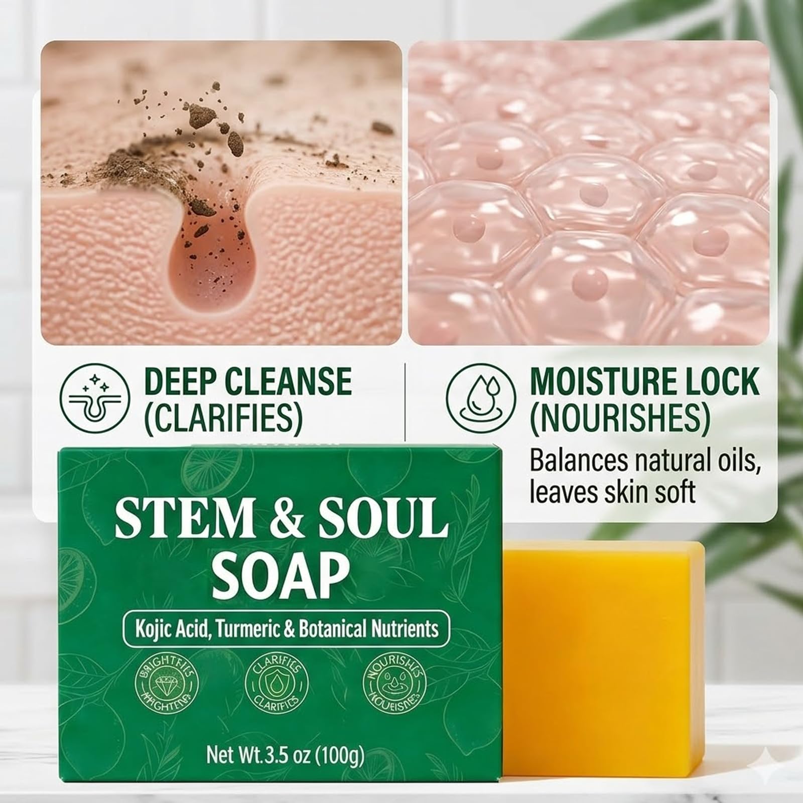 Stem and Soul turmeric lemon soap bar helps cleanse pores for clear skin appearance