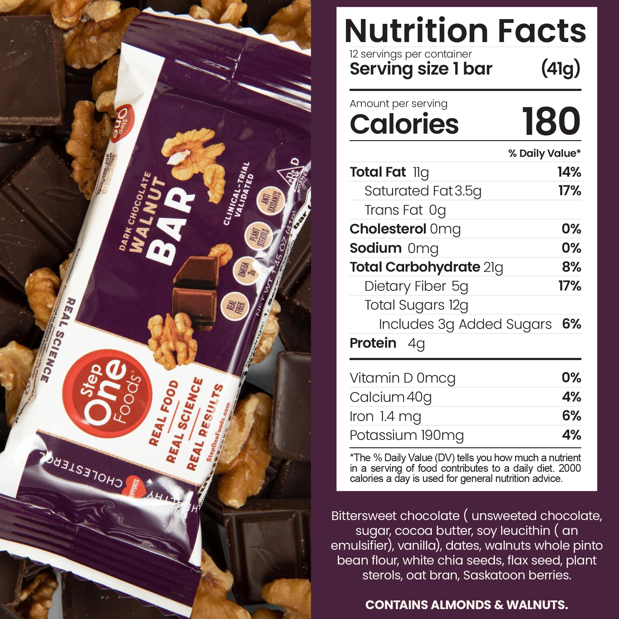 Step One Foods dark chocolate walnut bar close-up rich flavor and nuts