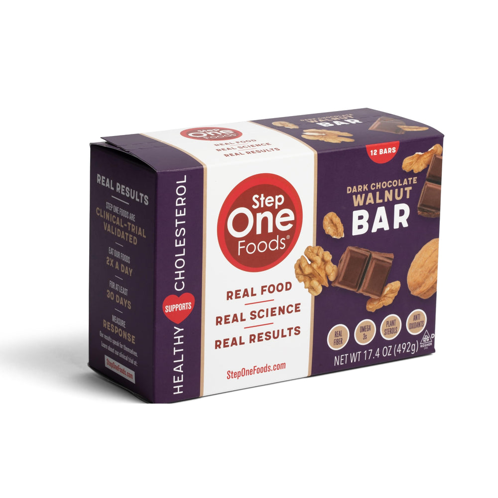 Step One Foods dark chocolate walnut bar pack for on-the-go heart healthy snacking