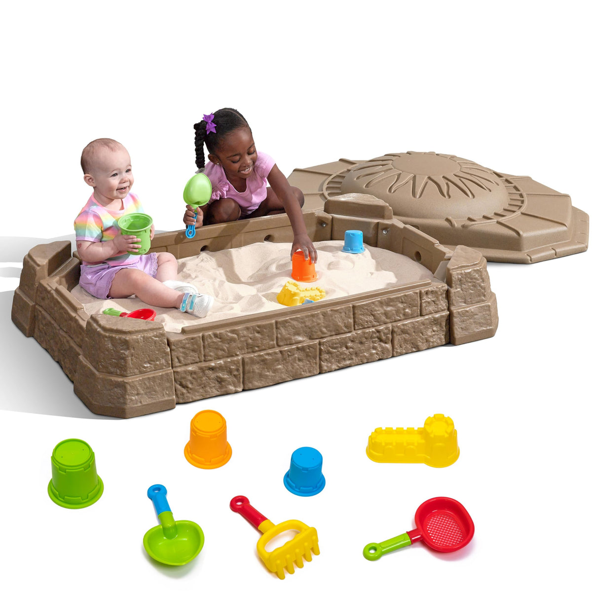 Step2 Naturally Playful Sandbox II with lid and seats ready for outdoor play.
