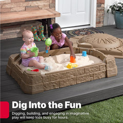 Built-in seats of Step2 Sandbox II inviting toddlers to sit together.