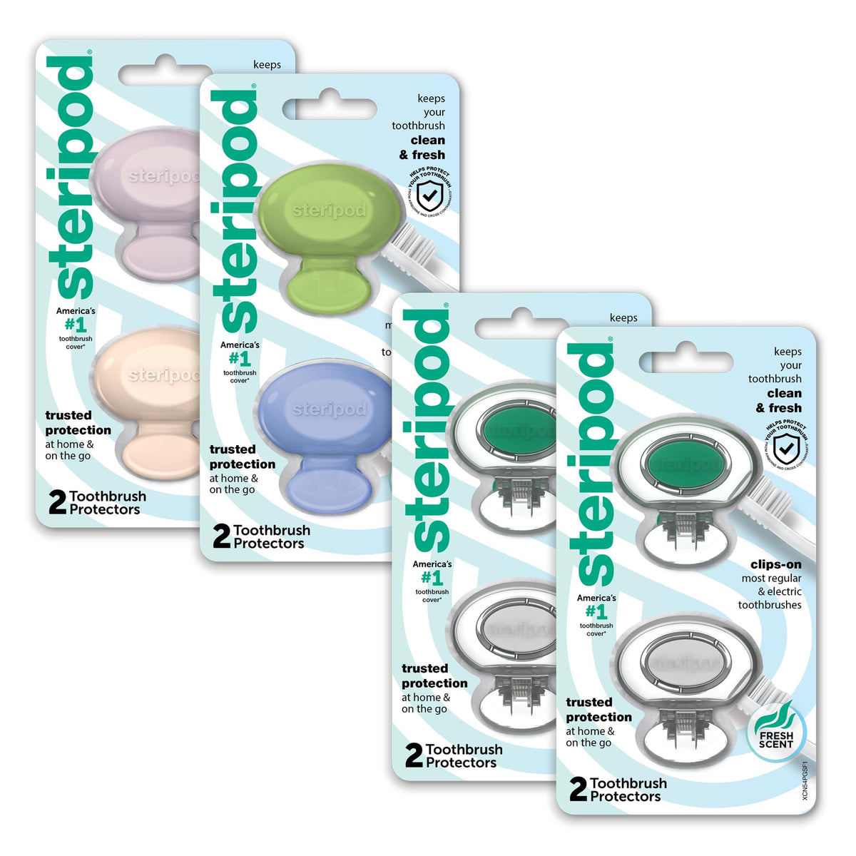 Steripod clip-on toothbrush protectors cover the bristles for family use