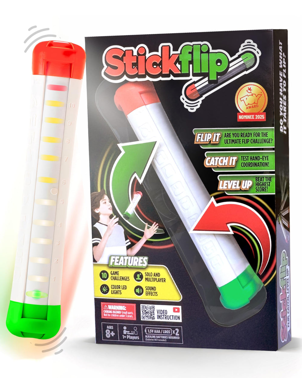 Stickflip flip arena demonstrates fast, screen-free play with instant feedback.