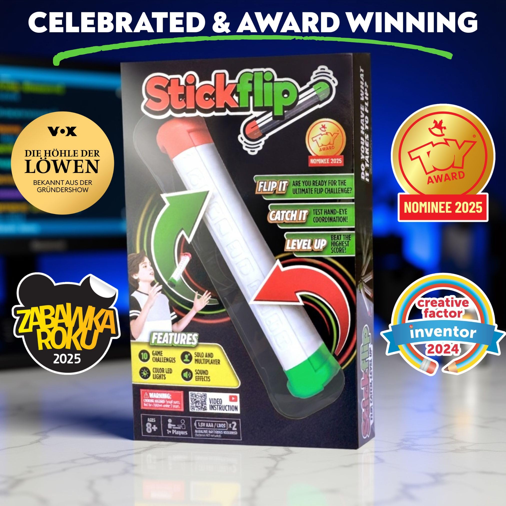 Stickflip party play invites friends to compete in a lively screen-free setting.