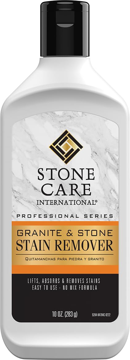 Stone Care International Stone Stain Remover bottle front view ready to remove wine, coffee, and ink stains.