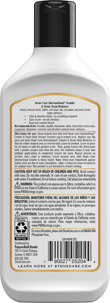 Stone Care International Stone Stain Remover bottle pour demonstrates easy application for quick stain treatment.