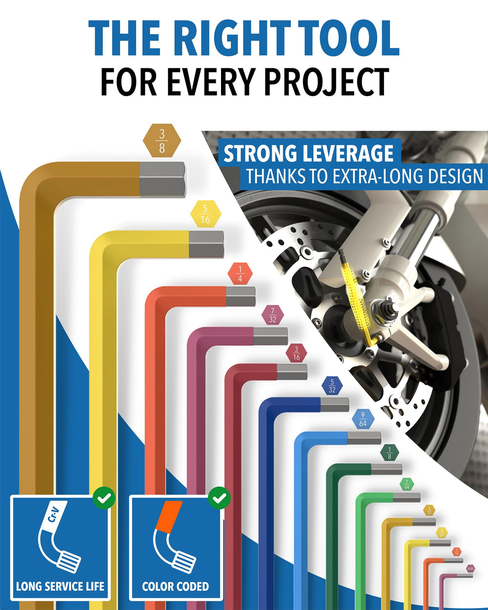 Stone Reef color-coded hex keys aid quick size recognition during repairs.