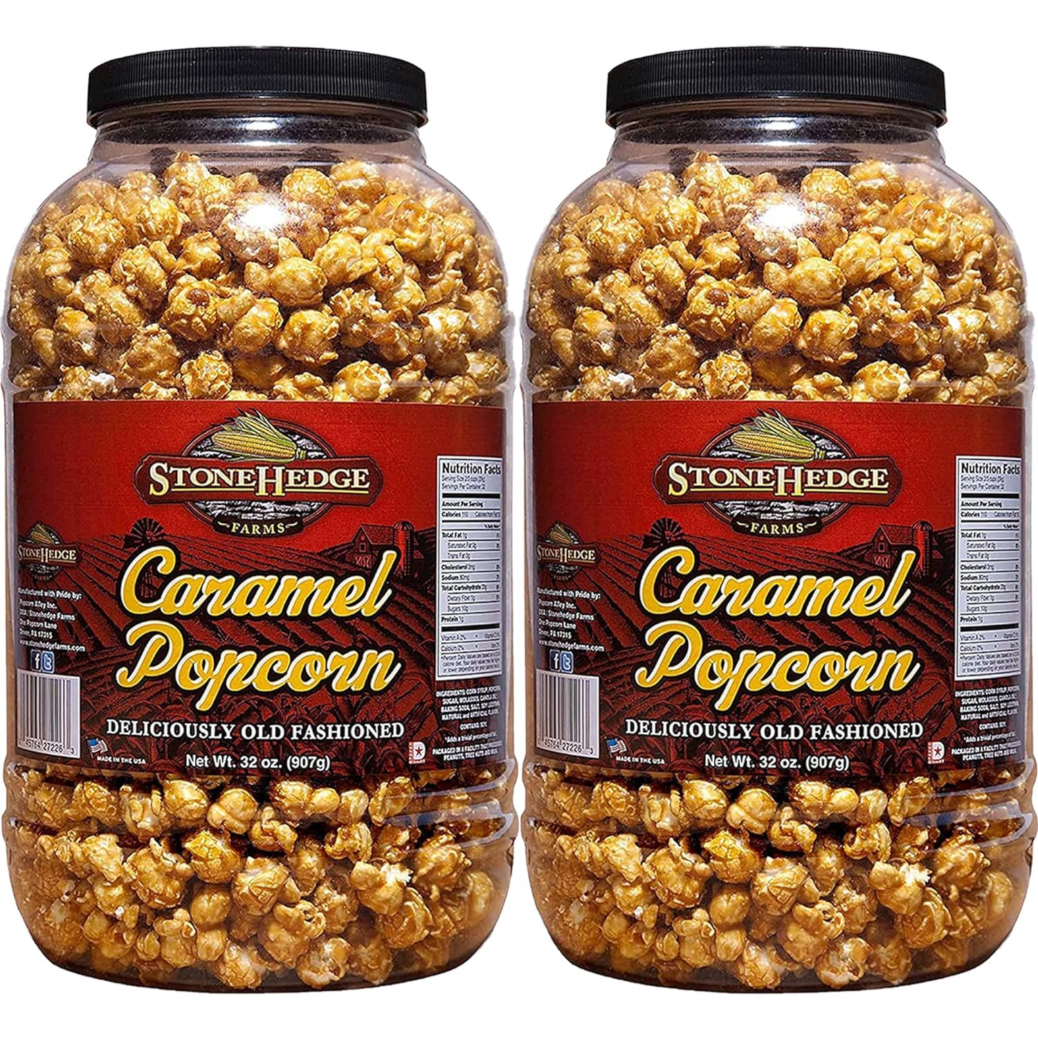 Stonehedge Farms caramel popcorn two 32 oz tubs displayed for entertaining and gifting