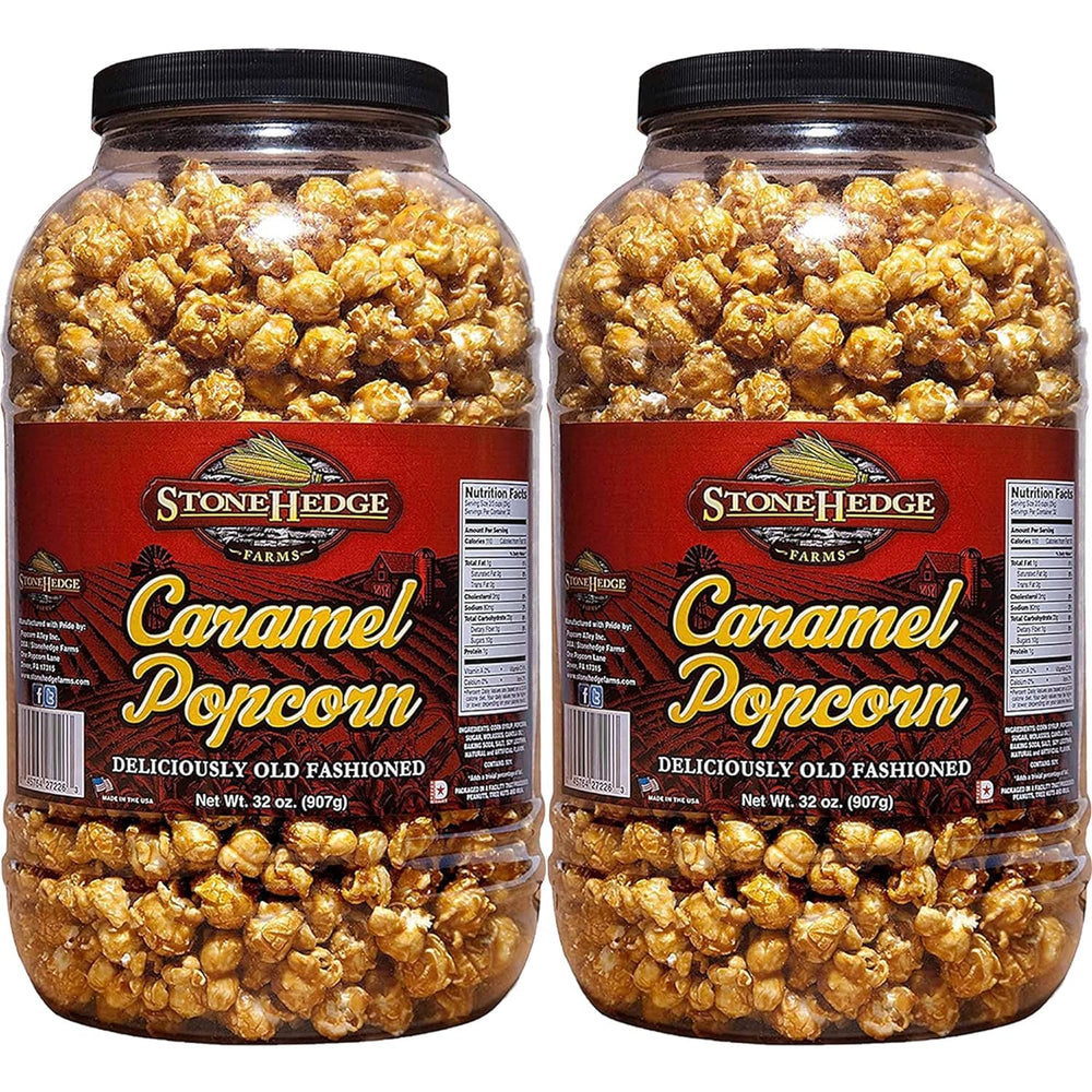 Stonehedge Farms caramel popcorn two 32 oz tubs displayed for entertaining and gifting