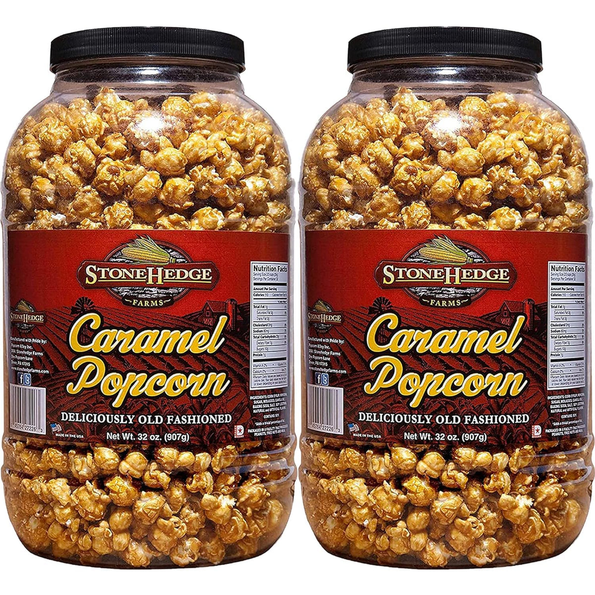 Stonehedge Farms caramel popcorn two 32 oz tubs displayed for entertaining and gifting