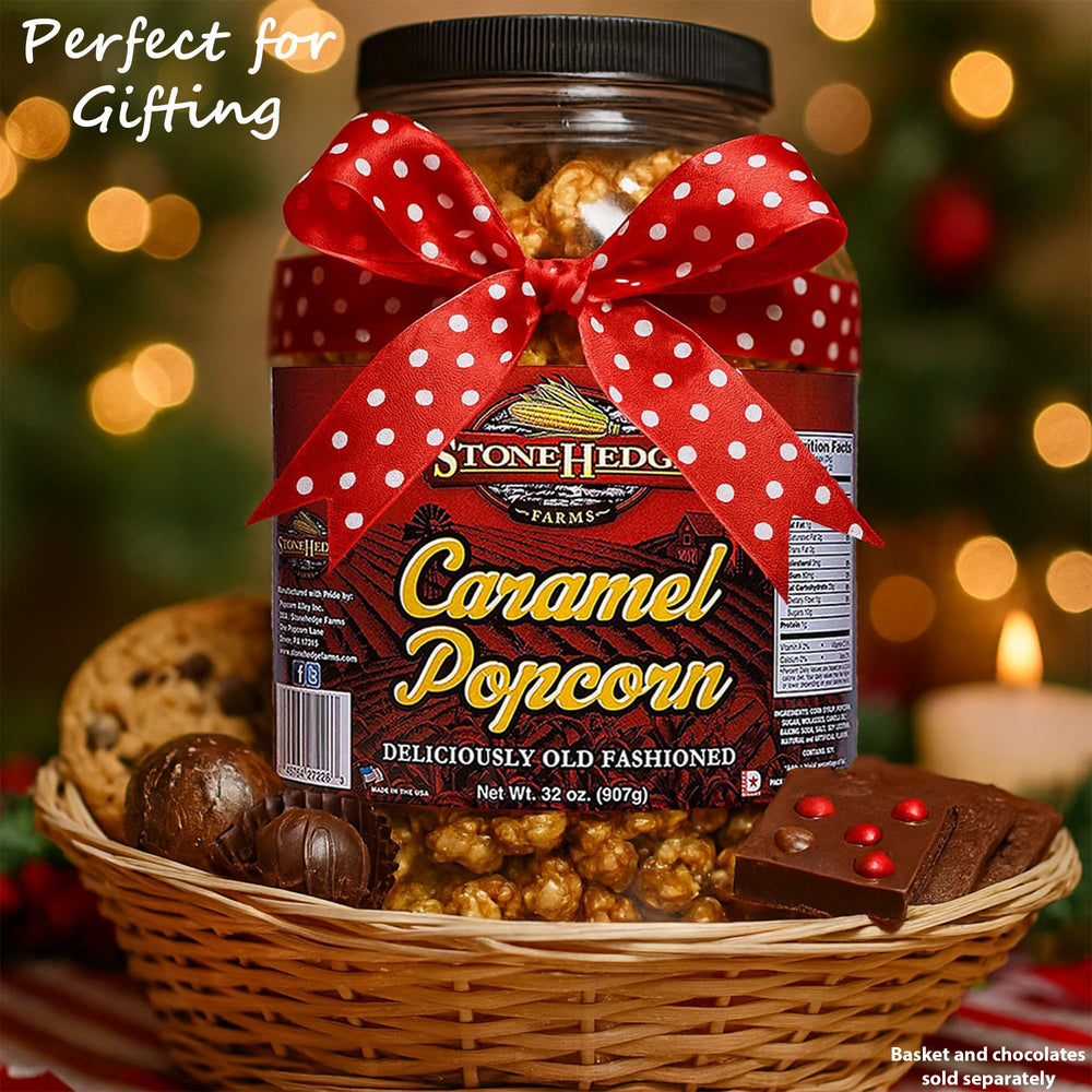Gift-ready Stonehedge Farms caramel popcorn for Christmas celebrations