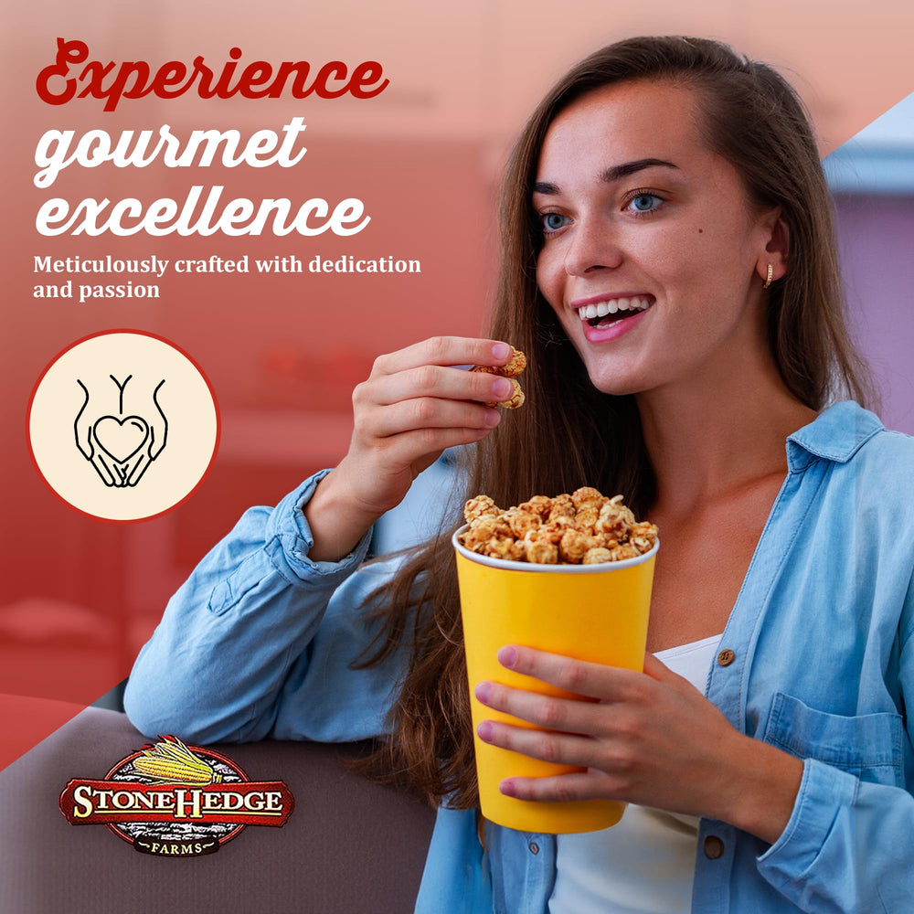 USA-made packaging for Stonehedge Farms caramel popcorn highlighting authentic quality