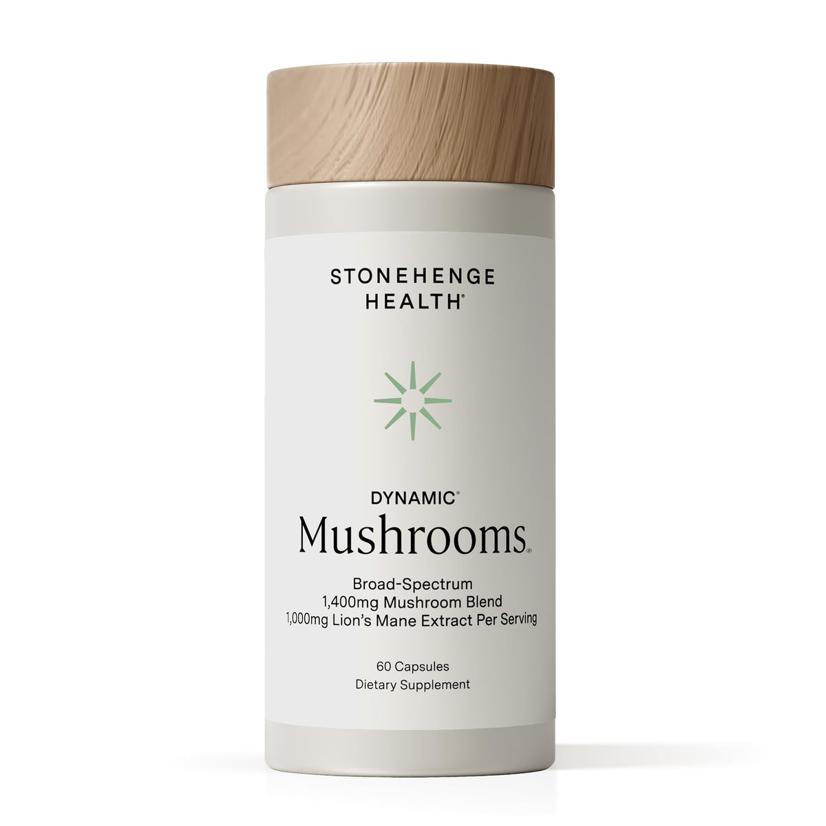 Stonehenge Dynamic Mushrooms bottle with 60 capsules for daily brain and immune support