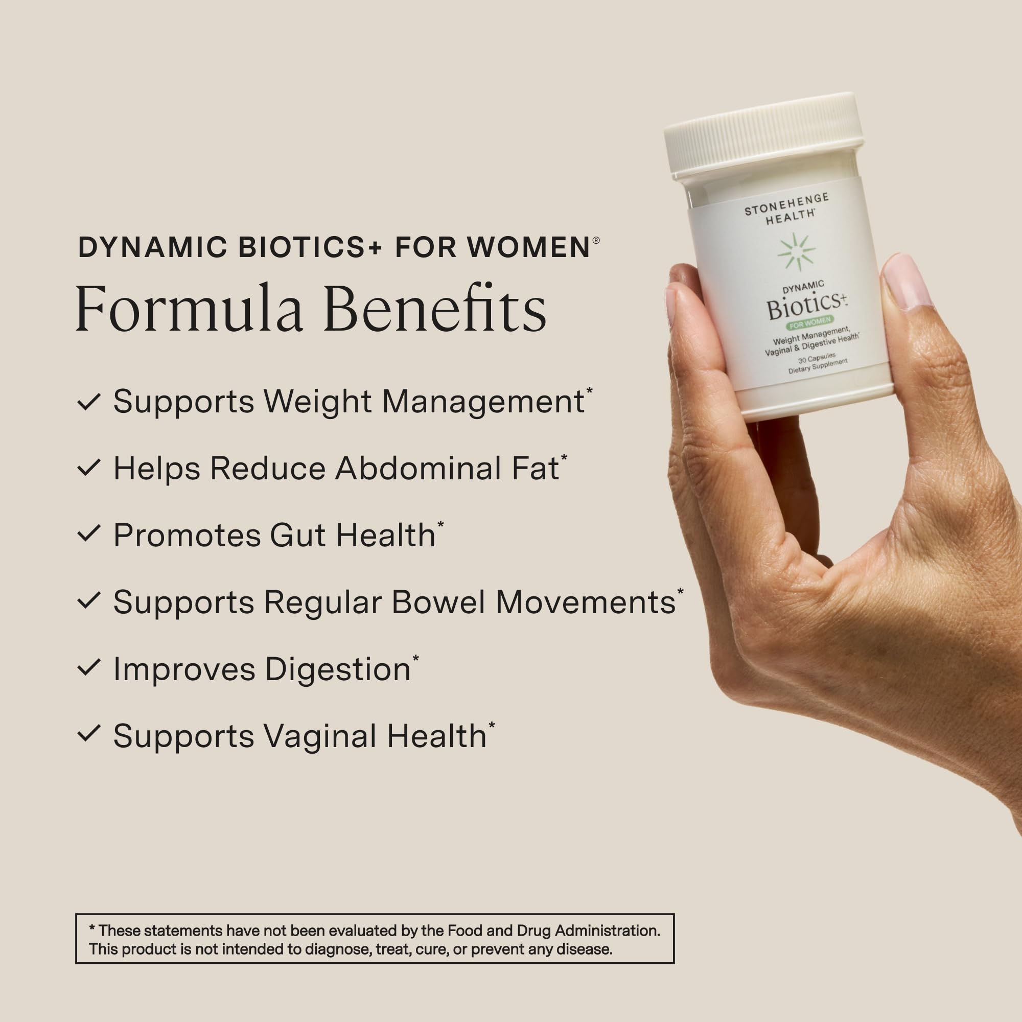 Back label of Stonehenge Health Biotics for Women bottle details strains and ingredients