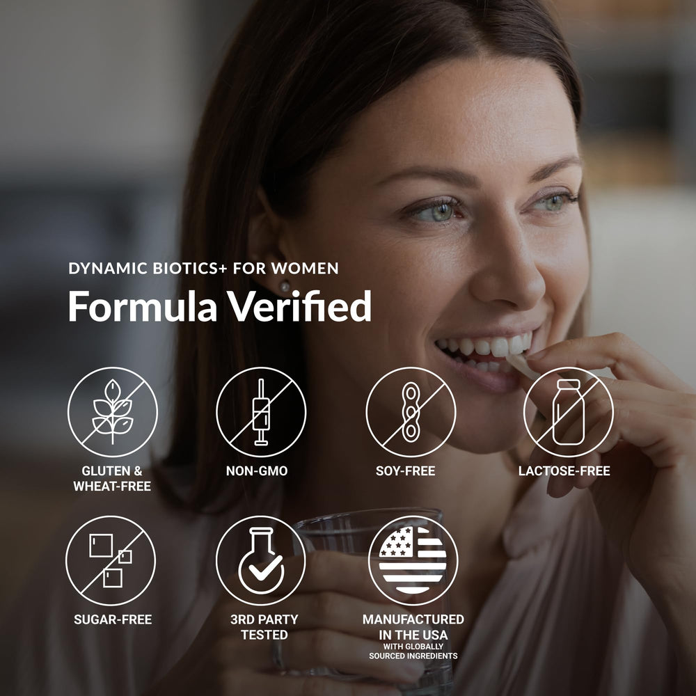 Non-GMO and gluten-free labels on Stonehenge Health Biotics for Women