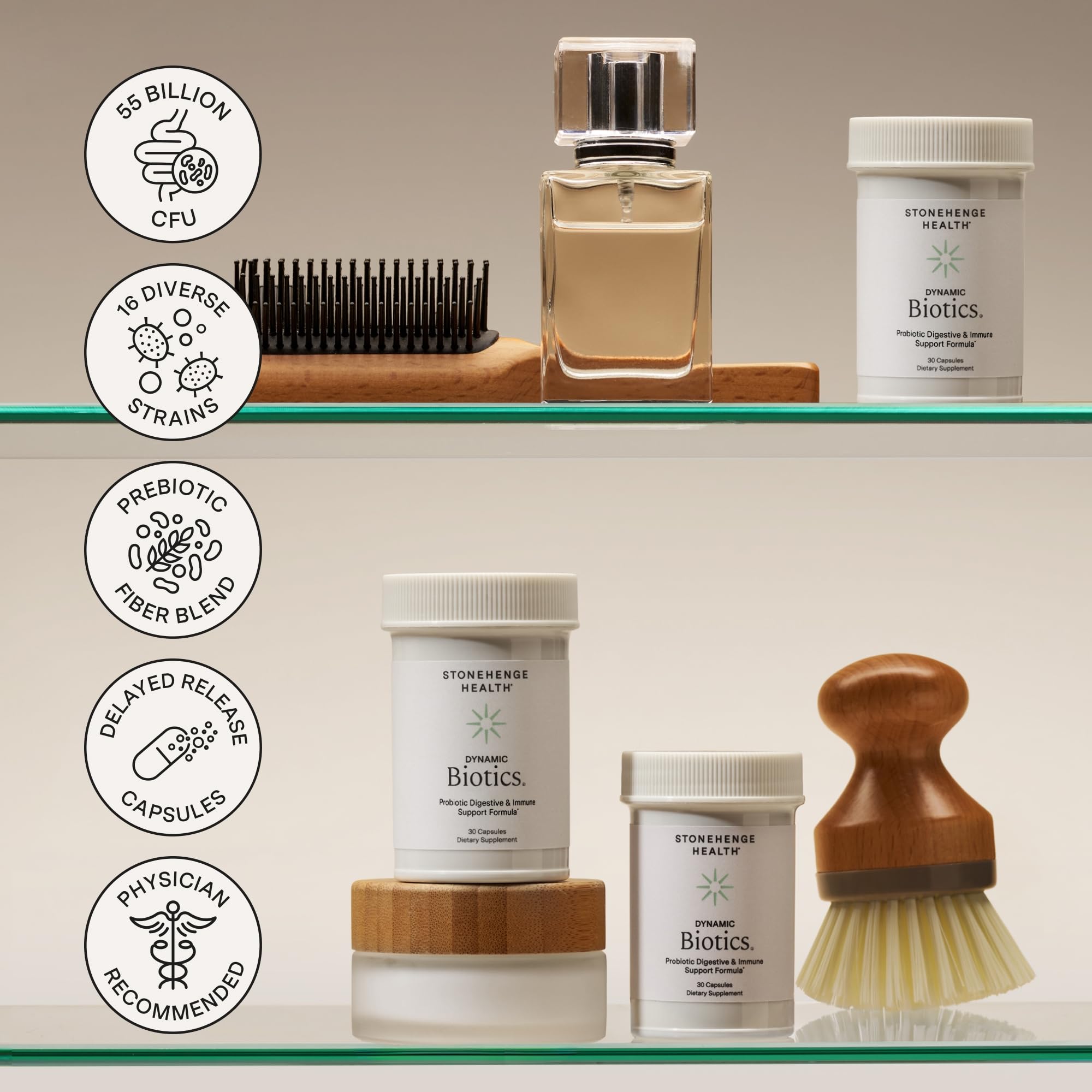 Shelf-stable Stonehenge Health Dynamic Biotics bottle protects potency.