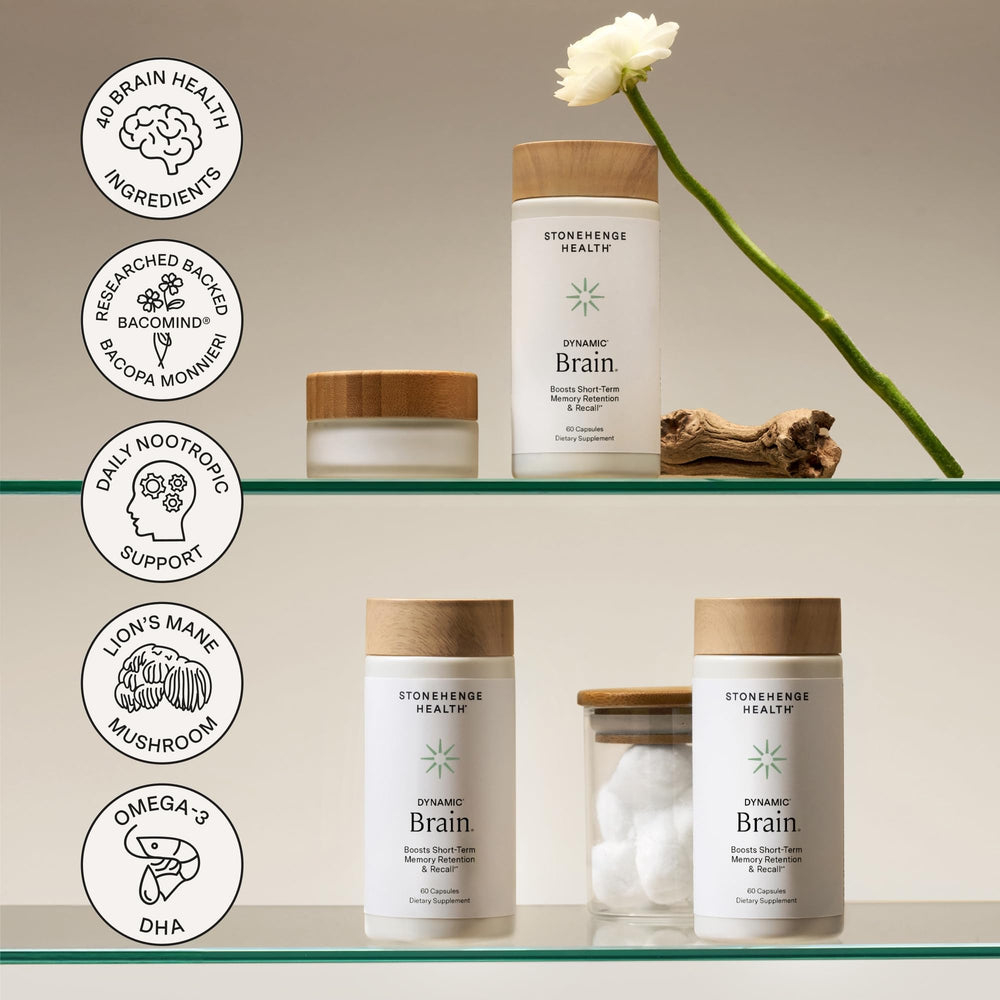 Stonehenge Health Dynamic Brain includes DHA and choline for cognitive function.