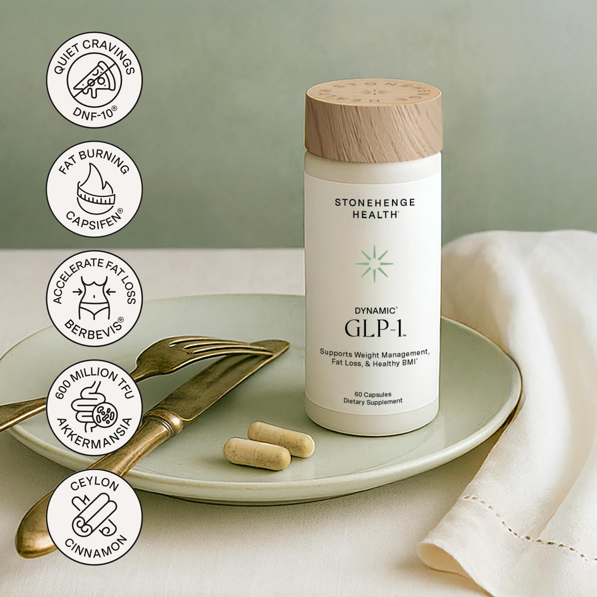 Stonehenge Health Dynamic GLP-1 ingredient chart featuring Capsifen and DNF-10.