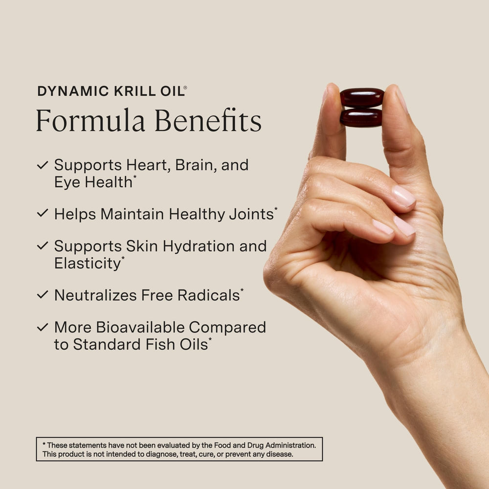 Stonehenge Health Dynamic Krill Oil bottle pouring to illustrate easy daily use.