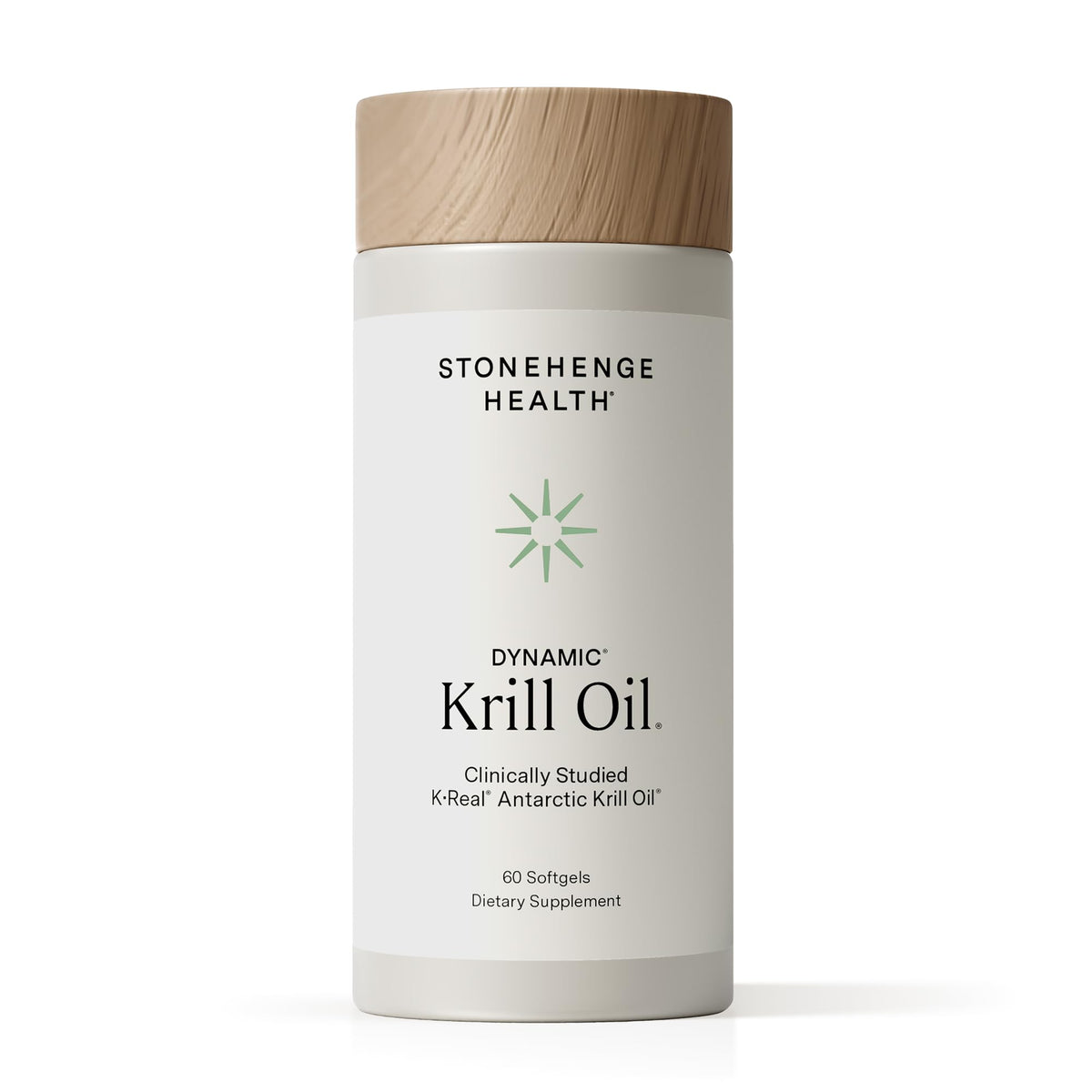 Stonehenge Health Dynamic Krill Oil bottle and softgels showcasing triple strength omega-3 benefits.