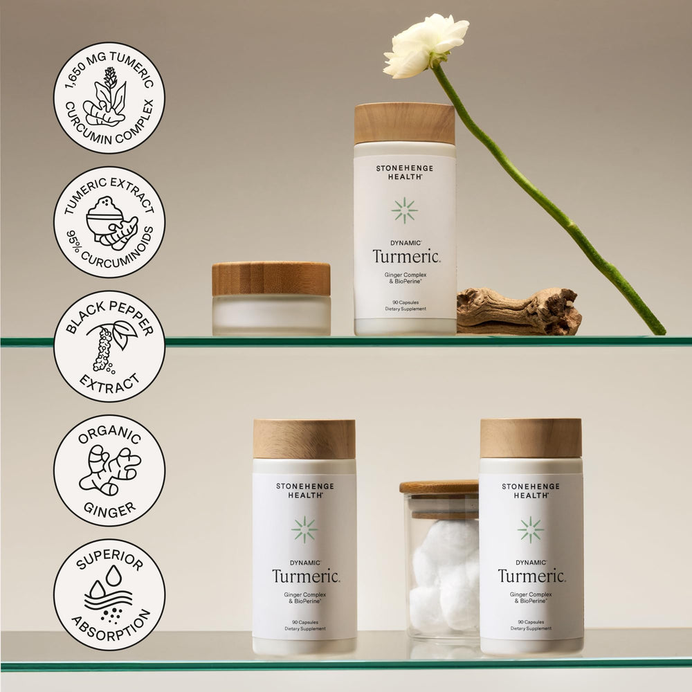 Stonehenge Health ginger root and turmeric visuals highlight natural ingredients