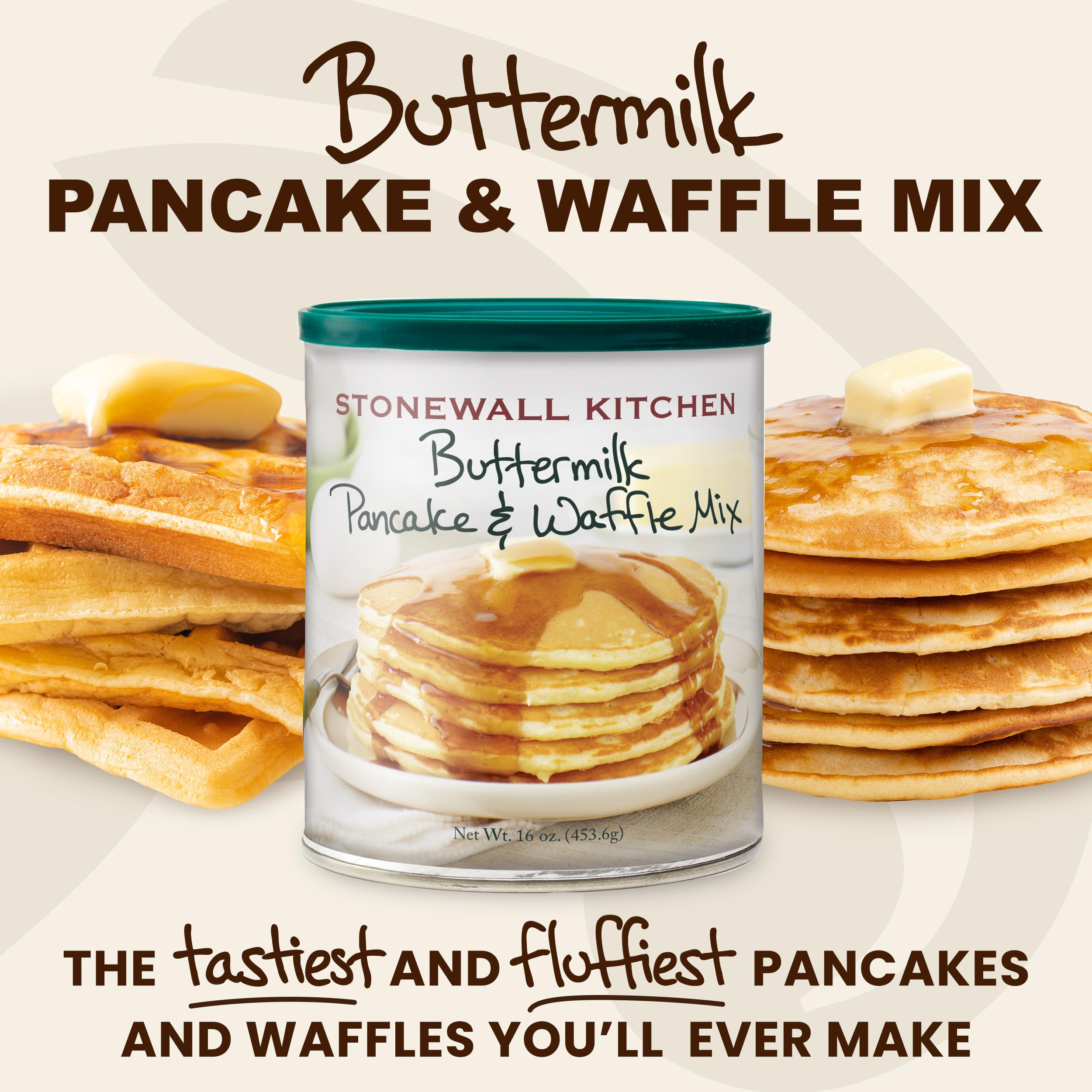 Stonewall Kitchen batter being poured, signaling fast, simple brunch options.