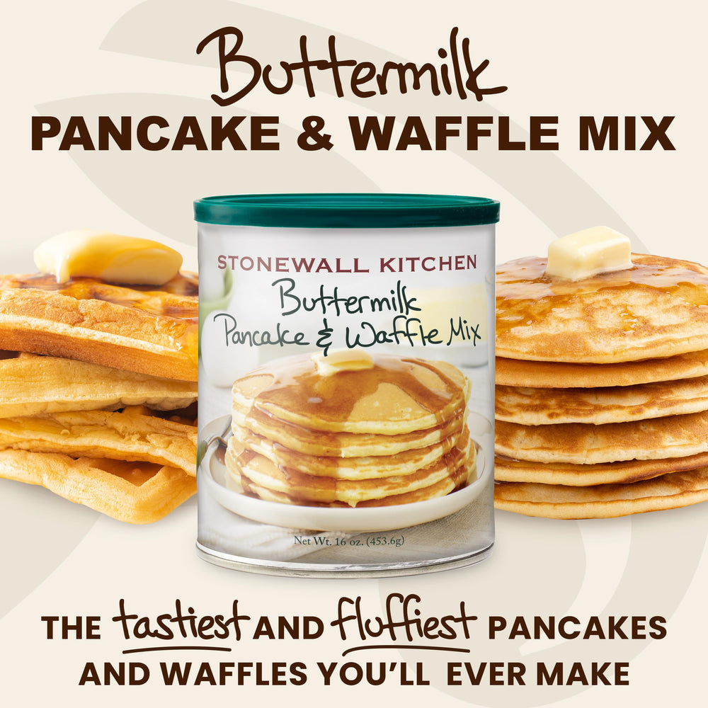 Stonewall Kitchen batter being poured, signaling fast, simple brunch options.