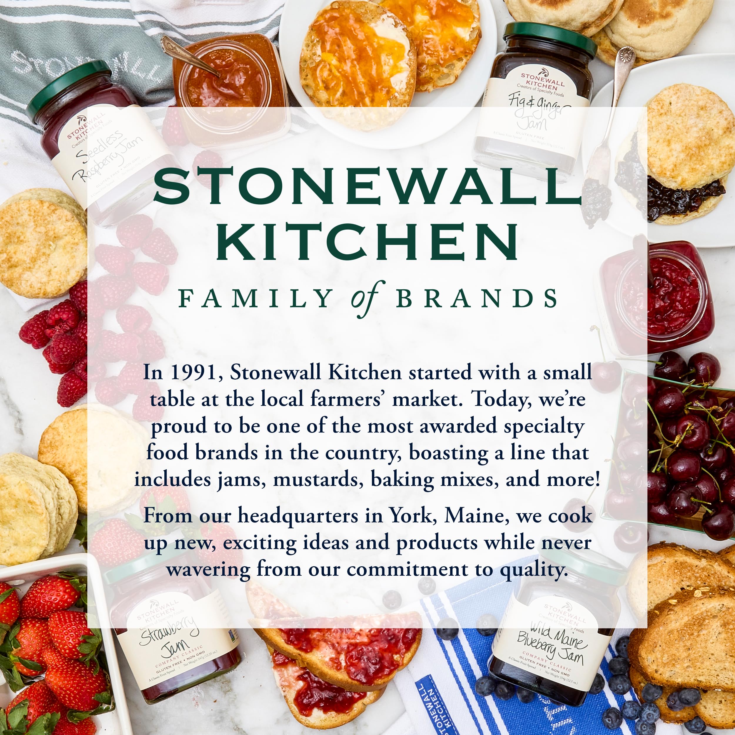 Stonewall Kitchen brand badge highlights premium ingredients and family brands.