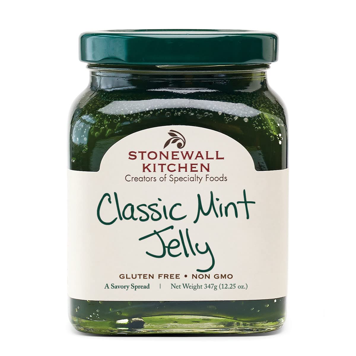 Stonewall Kitchen Classic Mint Jelly jar front view, a versatile pantry staple.