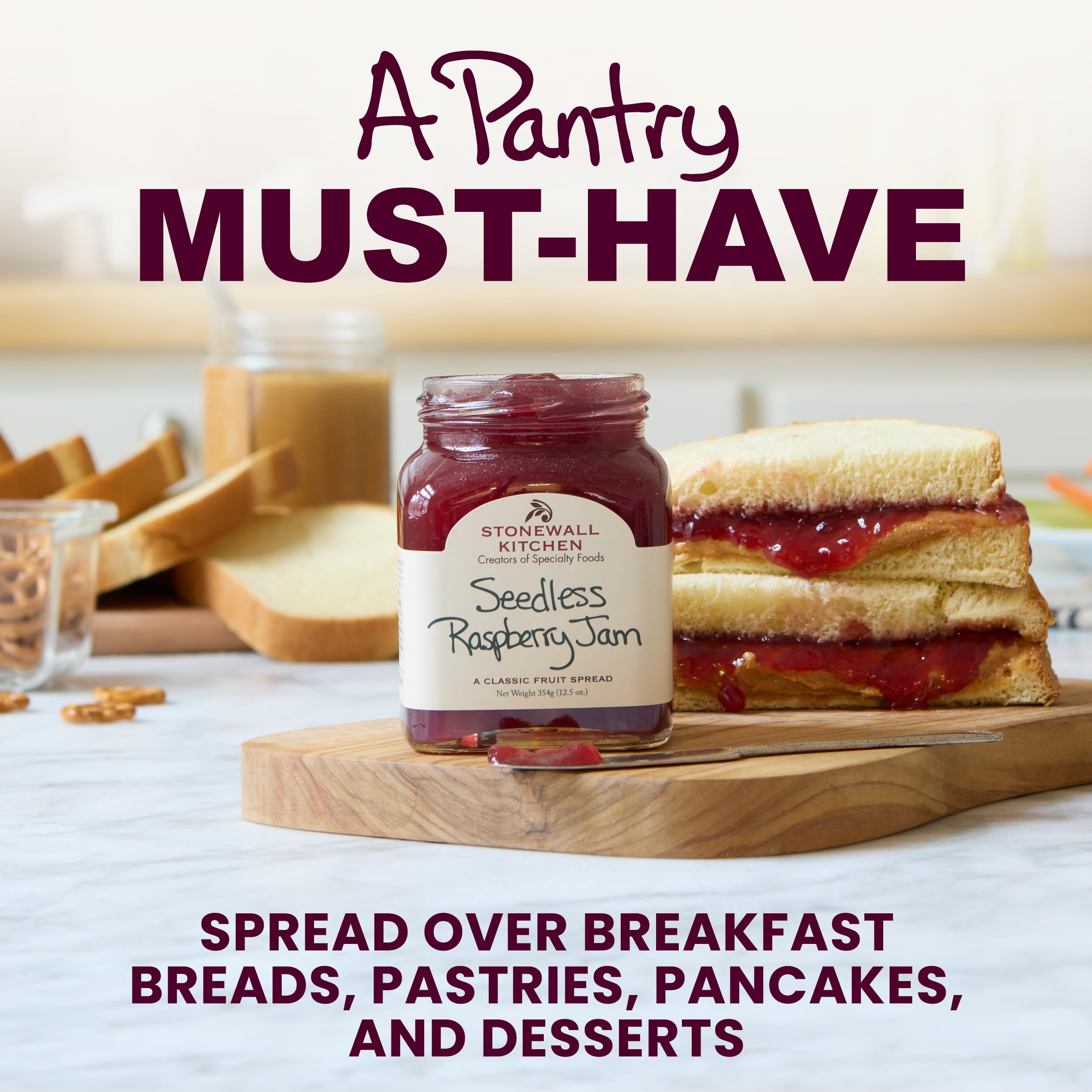 Stonewall Kitchen Seedless Raspberry Jam swirled into desserts for brightness.
