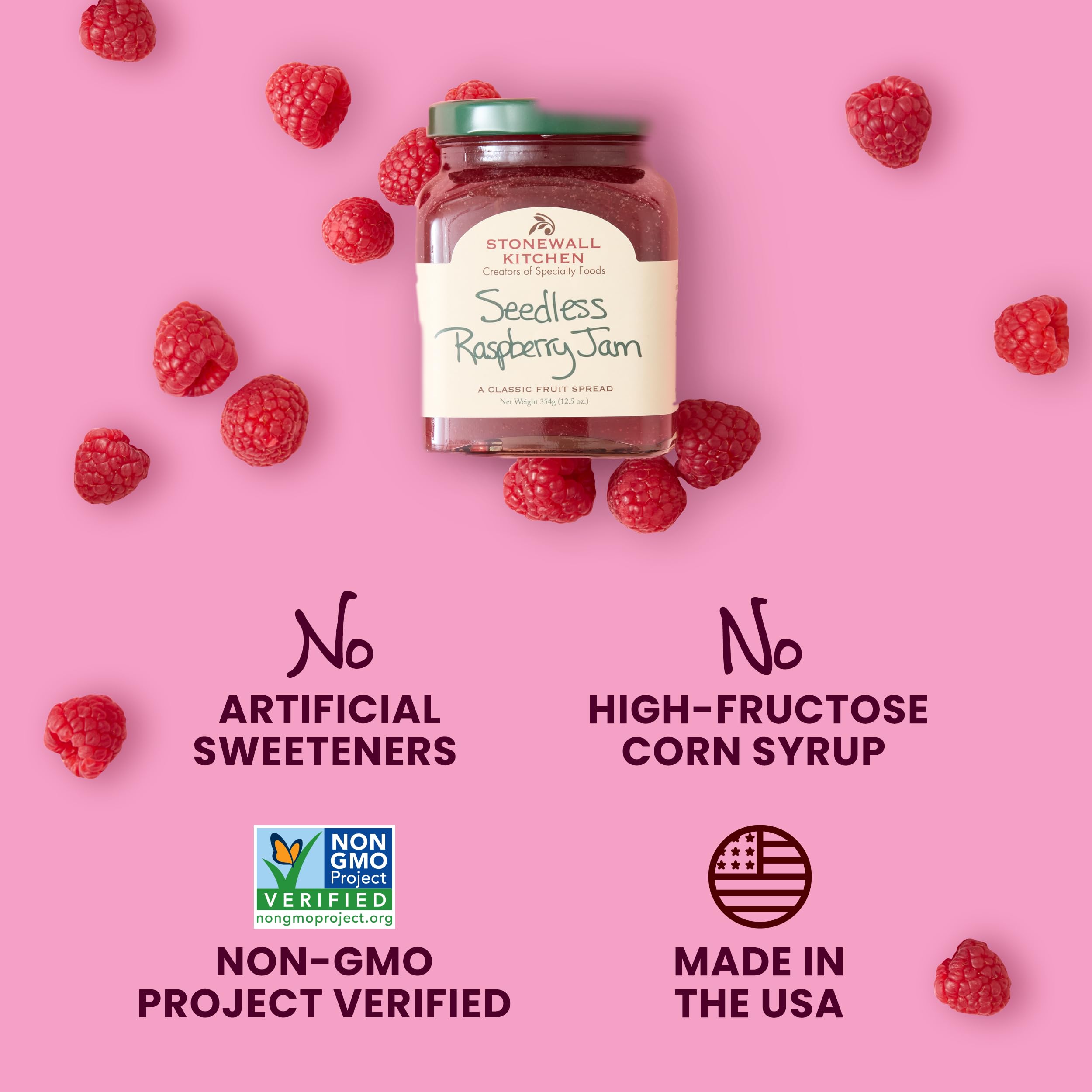 Stonewall Kitchen Seedless Raspberry Jam spread on bread invites munching.
